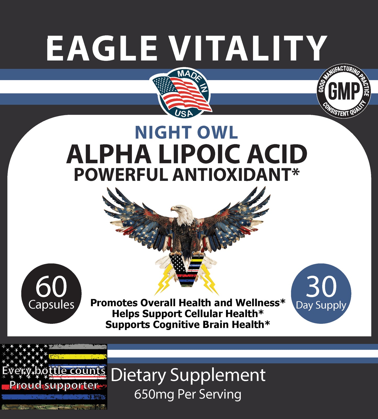 NIGHT OWL Alpha Lipoic Acid - In Honor Of Thin White on Blue Line Paramedic And EMT Heroes